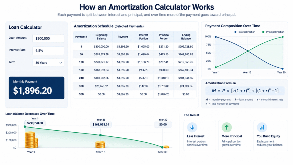 Free amortization calculator with monthly payment, total interest paid, and a full amortization schedule breakdown.