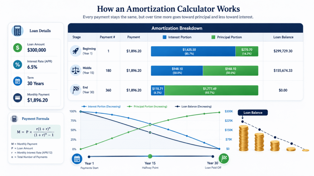 Amortization calculator showing a $300,000 loan's monthly payment, total interest, and year-by-year principal vs. interest schedule.